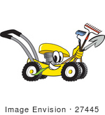 #27445 Clip Art Graphic Of A Yellow Lawn Mower Mascot Character Smiling And Chewing On Grass While Passing By And Carrying Garden Tools
