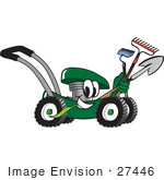 #27446 Clip Art Graphic Of A Green Lawn Mower Mascot Character Smiling And Chewing On Grass While Passing By And Carrying Garden Tools