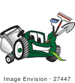 #27447 Clip Art Graphic Of A Green Lawn Mower Mascot Character Facing Front Chewing On Grass And Holding Gardening Tools