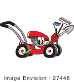 #27448 Clip Art Graphic Of A Red Lawn Mower Mascot Character Smiling And Chewing On Grass While Passing By And Carrying Garden Tools