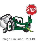 #27449 Clip Art Graphic Of A Green Lawn Mower Mascot Character Facing Front And Smiling While Chewing On Grass And Holding A Stop Sign