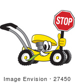 #27450 Clip Art Graphic Of A Yellow Lawn Mower Mascot Character Smiling While Passing By Chewing On Grass And Holding A Stop Sign