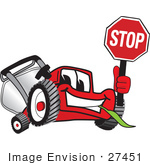 #27451 Clip Art Graphic Of A Red Lawn Mower Mascot Character Facing Front And Smiling While Chewing On Grass And Holding A Stop Sign