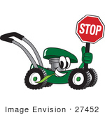 #27452 Clip Art Graphic Of A Green Lawn Mower Mascot Character Smiling While Passing By Chewing On Grass And Holding A Stop Sign