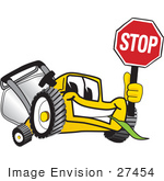#27454 Clip Art Graphic Of A Yellow Lawn Mower Mascot Character Facing Front And Smiling While Chewing On Grass And Holding A Stop Sign