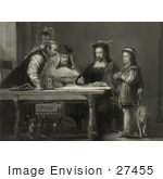 #27455 Illustration Of A Little Boy Probably Diego Colon And A Dog Standing By A Table Where Christopher Columbus And Three Other Men Listen As Columbus Proposes His Theory Of A New World With Maps