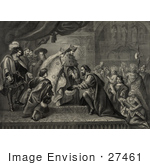 #27461 Illustration Of Christopher Columbus Kneeling In Front Of King Ferdinand And Queen Isabella Of Spain As Natives And Other People Watch During A Reception After His First Return From America