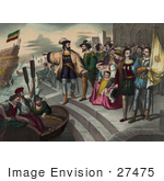 #27475 Illustration Of Christopher Columbus Pointing And Preparing To Get Into A Rowboat To Board Onto His Ship As People Watch During The Departure Of Columbus