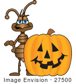 #27500 Clip Art Graphic Of A Brown Ant Insect Mascot Character Standing Behind A Carved Halloween Pumpkin