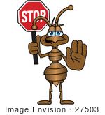 #27503 Clip Art Graphic Of A Brown Ant Insect Mascot Character Holding A Stop Sign