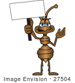 #27504 Clip Art Graphic Of A Brown Ant Insect Mascot Character Waving A Blank White Sign