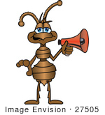 #27505 Clip Art Graphic Of A Brown Ant Insect Mascot Character Holding A Red Bullhorn Or Megaphone