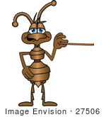#27506 Clip Art Graphic Of A Brown Ant Insect Mascot Character Holding A Pointer Stick