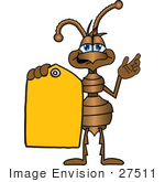 #27511 Clip Art Graphic Of A Brown Ant Insect Mascot Character Holding A Yellow Sales Price Tag