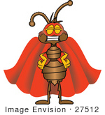 #27512 Clip Art Graphic Of A Brown Ant Insect Mascot Character Dressed As A Super Hero