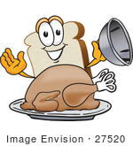 #27520 Clip Art Graphic Of A White Bread Slice Mascot Character Serving A Cooked Turkey Bird In A Platter On Thanksgiving