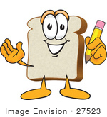 #27523 Clip Art Graphic Of A White Bread Slice Mascot Character Writing With A Yellow Pencil