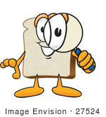 #27524 Clip Art Graphic Of A White Bread Slice Mascot Character Looking Through A Magnifying Glass