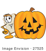 #27525 Clip Art Graphic Of A White Bread Slice Mascot Character Peeking Out From Behind A Halloween Pumpkin