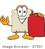 #27531 Clip Art Graphic Of A White Bread Slice Mascot Character Holding A Red Clearance Price Tag