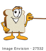 #27532 Clip Art Graphic Of A White Bread Slice Mascot Character Holding A Pointer Stick