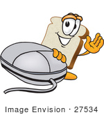 #27534 Clip Art Graphic Of A White Bread Slice Mascot Character Resting One Hand On A Computer Mouse And Waving