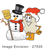 #27535 Clip Art Graphic Of A White Bread Slice Mascot Character In A Santa Hat Standing With A Snowman On Christmas