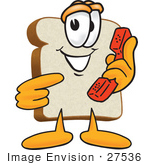 #27536 Clip Art Graphic Of A White Bread Slice Mascot Character Holding A Red Telephone Receiver