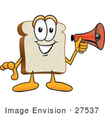 #27537 Clip Art Graphic Of A White Bread Slice Mascot Character Preparing To Make An Announcement With A Bullhorn Megaphone