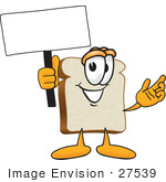 #27539 Clip Art Graphic Of A White Bread Slice Mascot Character Holding A Blank White Advertisement Sign
