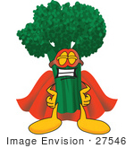 #27546 Clip Art Graphic Of A Broccoli Mascot Character Wearing A Mask And Super Hero Cape