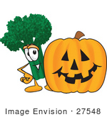 #27548 Clip Art Graphic Of A Broccoli Mascot Character With A Carved Halloween Pumpkin