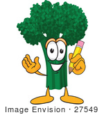 #27549 Clip Art Graphic Of A Broccoli Mascot Character Holding A Yellow Pencil
