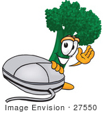 #27550 Clip Art Graphic Of A Broccoli Mascot Character Waving While Standing By A Computer Mouse