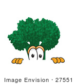 #27551 Clip Art Graphic Of A Broccoli Mascot Character Peeking Over A Surface With A Scared Expression