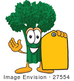 #27554 Clip Art Graphic Of A Broccoli Mascot Character Holding A Yellow Sales Price Tag