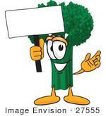 #27555 Clip Art Graphic Of A Broccoli Mascot Character Waving A Blank White Advertisement Sign
