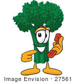 #27561 Clip Art Graphic Of A Broccoli Mascot Character Pointing To A Red Telephone Receiver