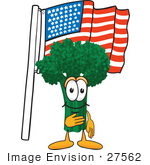 #27562 Clip Art Graphic Of A Broccoli Mascot Character Pledging Allegiance To An American Flag