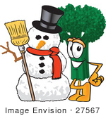 #27567 Clip Art Graphic of a Broccoli Mascot Character Standing Beside a Snowman on Christmas by toons4biz
