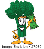 #27569 Clip Art Graphic Of A Broccoli Mascot Character Waving A Green Banknote