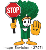 #27571 Clip Art Graphic Of A Broccoli Mascot Character Holding A Stop Sign