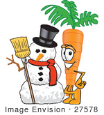 #27578 Clip Art Graphic Of An Organic Veggie Carrot Mascot Character Standing By A Snowman