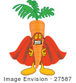 #27587 Clip Art Graphic of an Organic Veggie Carrot Mascot Character Wearing a Super Hero Cape and Mask by toons4biz