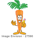 #27590 Clip Art Graphic Of An Organic Veggie Carrot Mascot Character Holding A Pencil