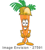 #27591 Clip Art Graphic Of An Organic Veggie Carrot Mascot Character Wearing A Yellow Helmet Hardhat