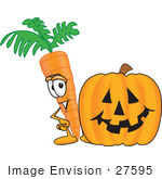#27595 Clip Art Graphic Of An Organic Veggie Carrot Mascot Character Standing By A Halloween Pumpkin