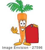 #27596 Clip Art Graphic Of An Organic Veggie Carrot Mascot Character Holding A Red Price Tag