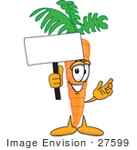 #27599 Clip Art Graphic Of An Organic Veggie Carrot Mascot Character Holding Up A Blank White Advertisement Sign