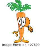 #27600 Clip Art Graphic of an Organic Veggie Carrot Mascot Character Looking Through a Magnifying Glass by toons4biz
